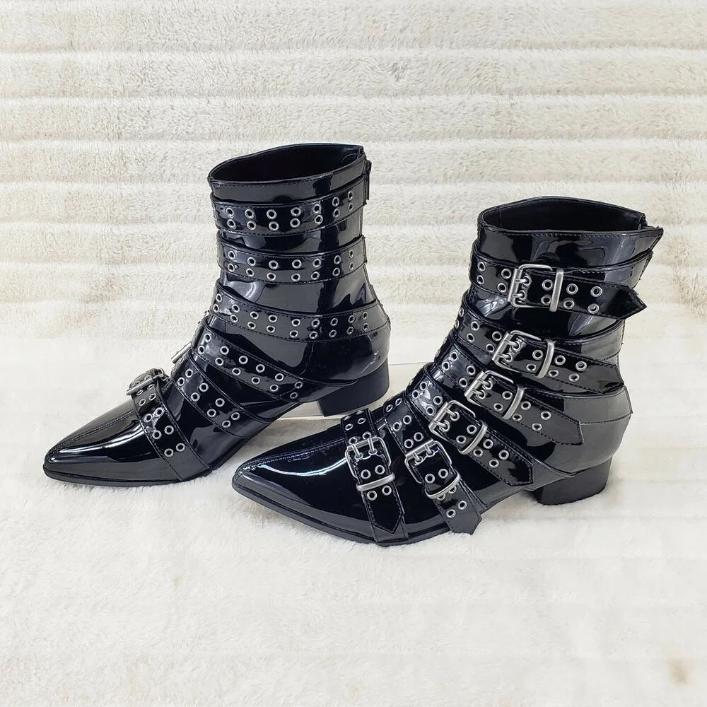 NIB DEMONIA Wicked Warlock 70 Multi Strap Winklepicker Ankle Boots Men's Patent